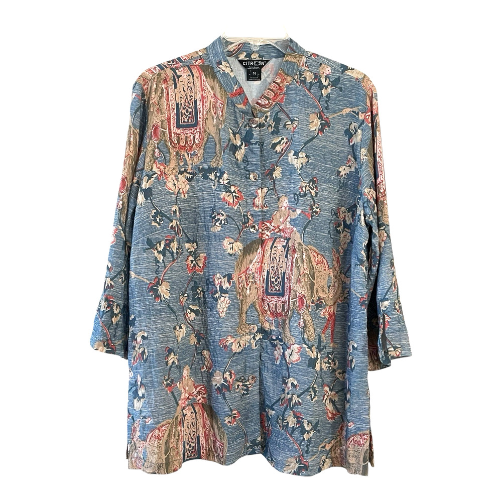 CITRON SANTA MONICA Medium Blue Elephant Button-Up Mandarin 3/4 Sleeve Tunic Top